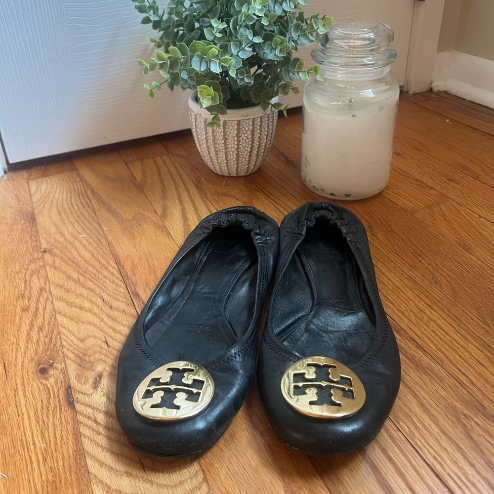 Tory Burch Black Ballet Flats with Gold Logo